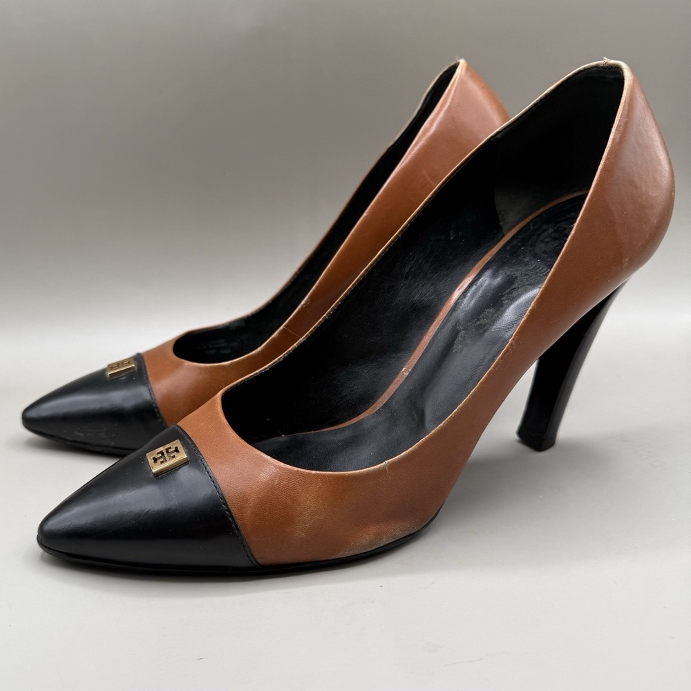 TORY BURCH KAY Pointy Toe Heels Womens SIZE 11 M Leather Two Tone Brown Black - Picture 2 of 6